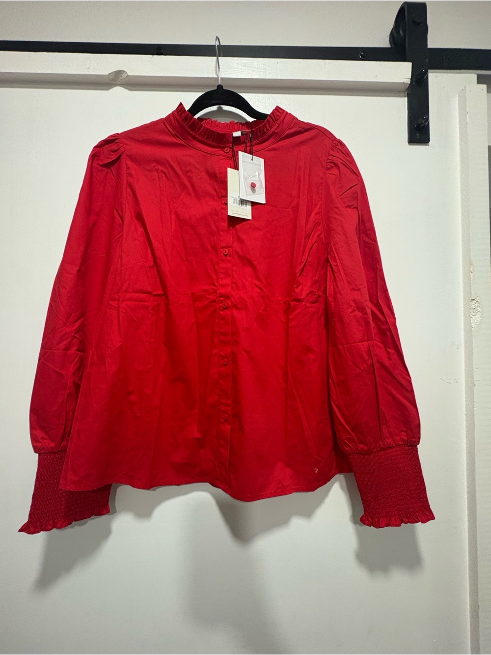 Sugarlips Red Ruffled Neck Button-Down Blouse